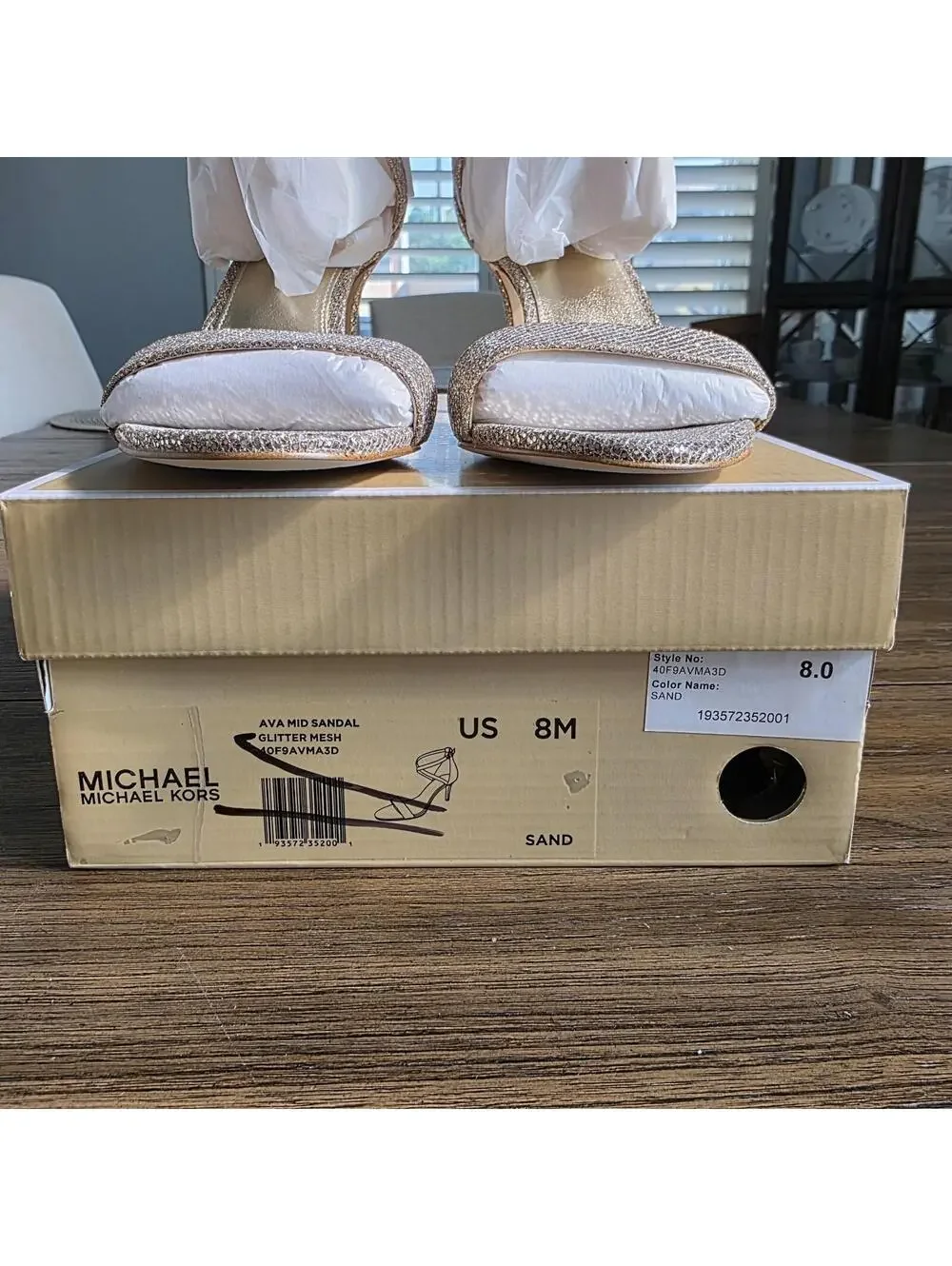 Michael Michael Kors Ava Mid Sandal Glitter Heels Silver/Sand Women’s Sz 8 NIB